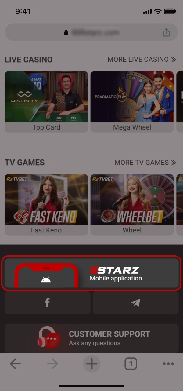 Scroll to the bottom and find the apps link on 888starz.