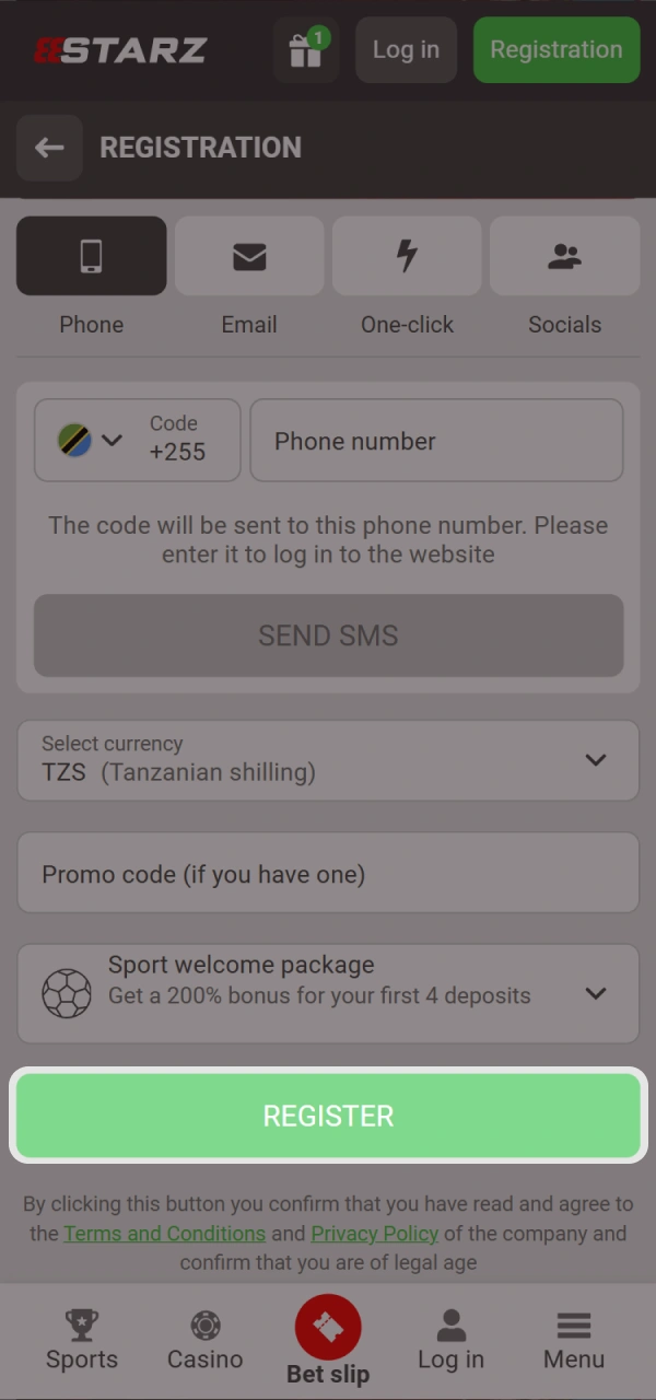 Complete 888starz app registration by clicking the Register button.