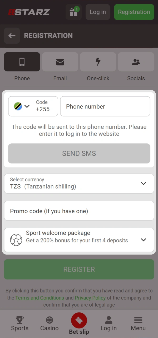 Proceed with registration and fill in details on 888starz app.