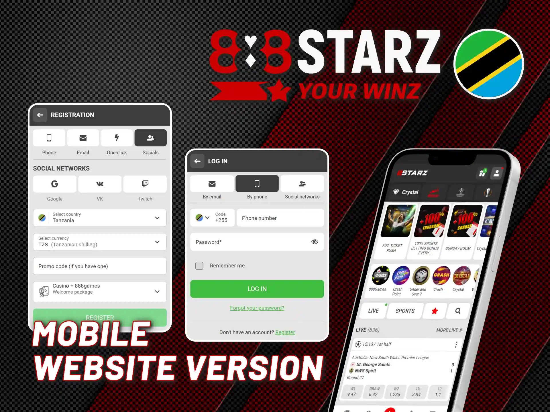 Browse sports and games on 888starz Tanzania mobile version.
