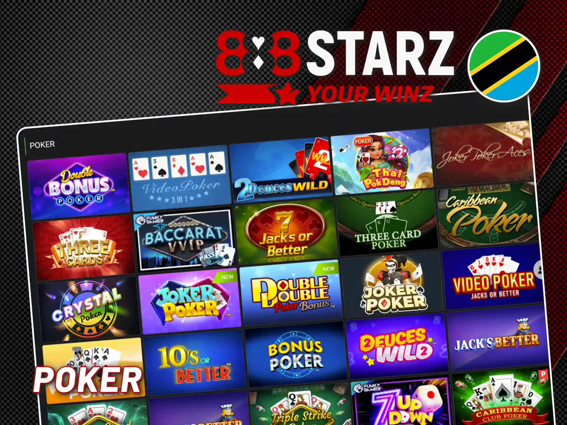 Play different poker variations online on 888starz Tanzania.