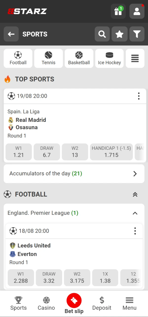 Choose sport and tournament in the 888starz sport section.