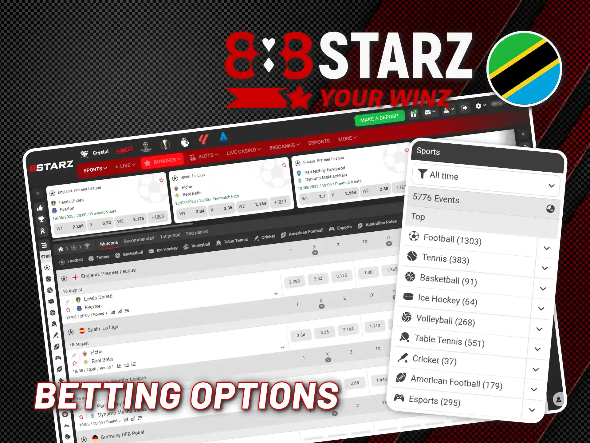 Explore all available online betting options with 888starz Tanzania.