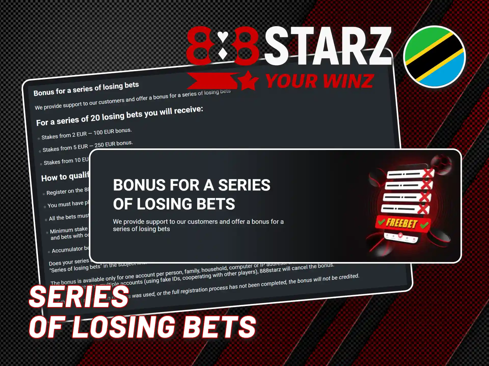 Get a losing streak bonus from 888starz for sports bets.