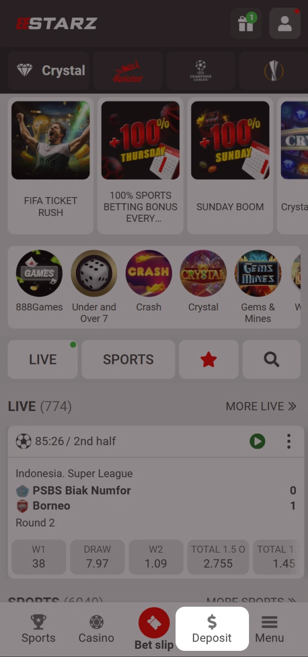 Go to 888starz main page and tap the deposit button.