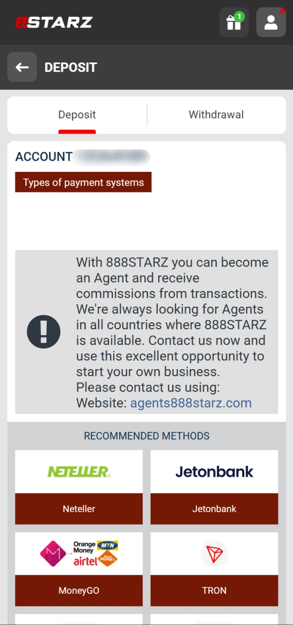Select a comfortable online payment method avaliable at 888starz Tanzania.
