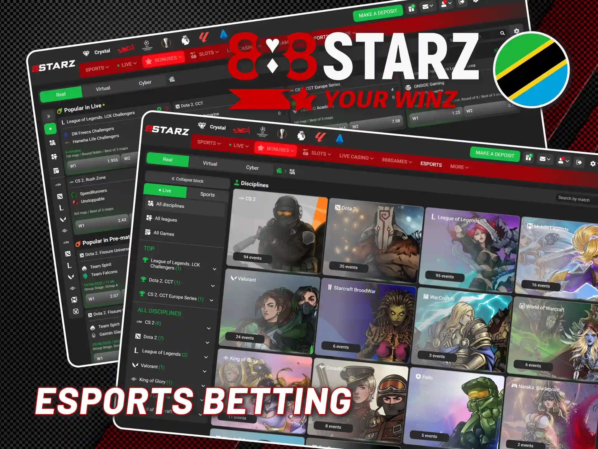 Place your bets on major esports tournaments with 888starz Tanzania.