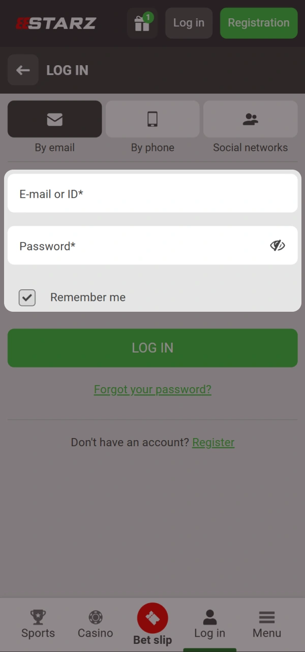 Log in to 888starz by entering your personal details.