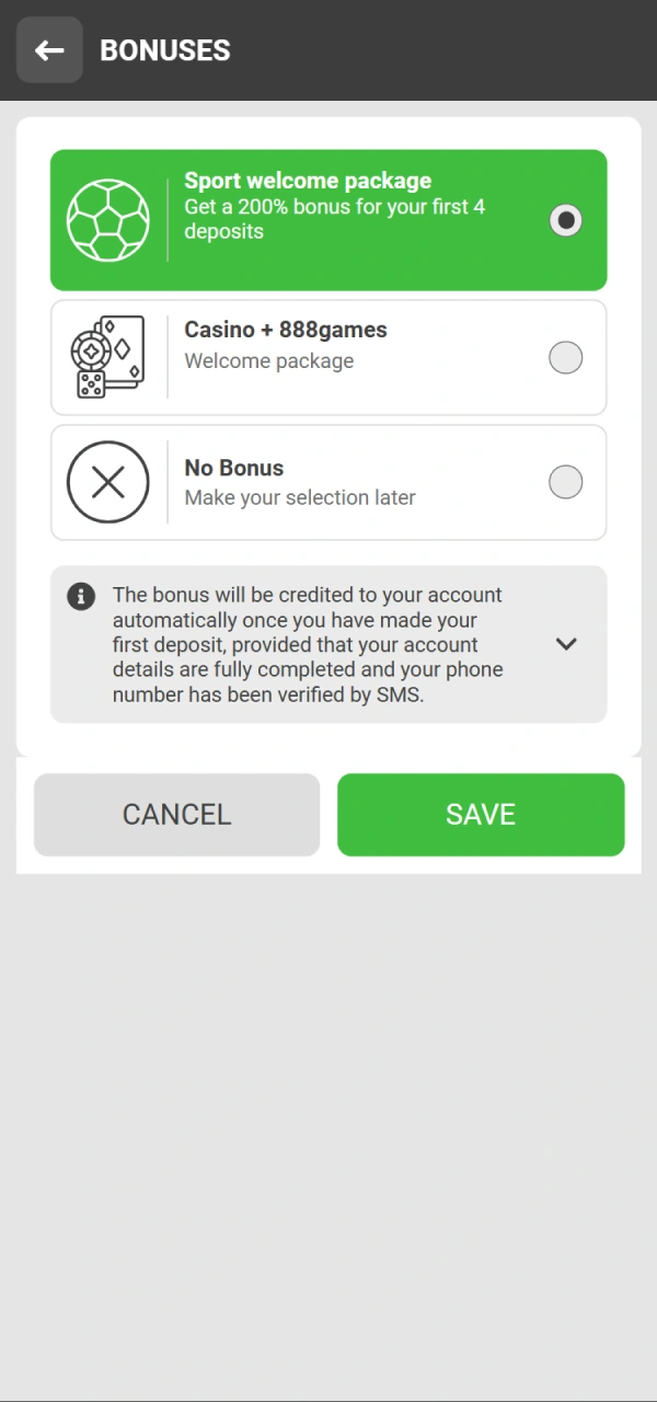 Choose your bonus and apply a promo code on 888starz.