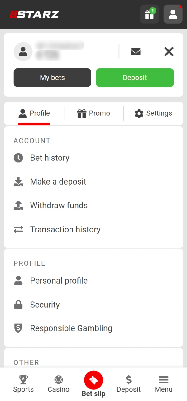 Begin your verification process by opening your profile on 888starz.