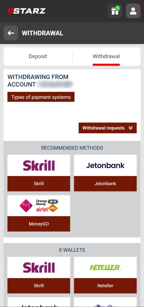 Proceed by choosing online withdrawal method at 888starz official website.