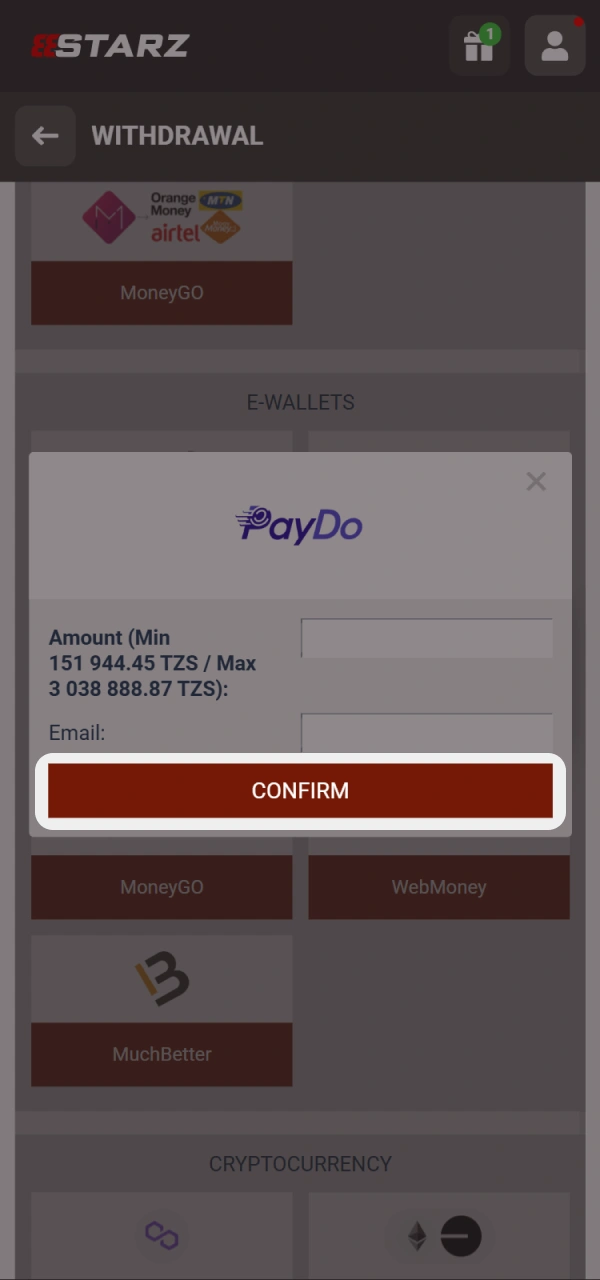 Submit your withdrawal request from 888starz Tanzania official website.