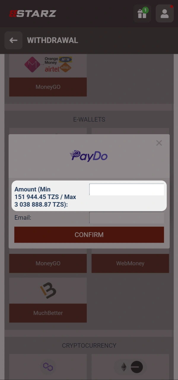 Specify the amount and details to withdraw from 888starz Tanzania.