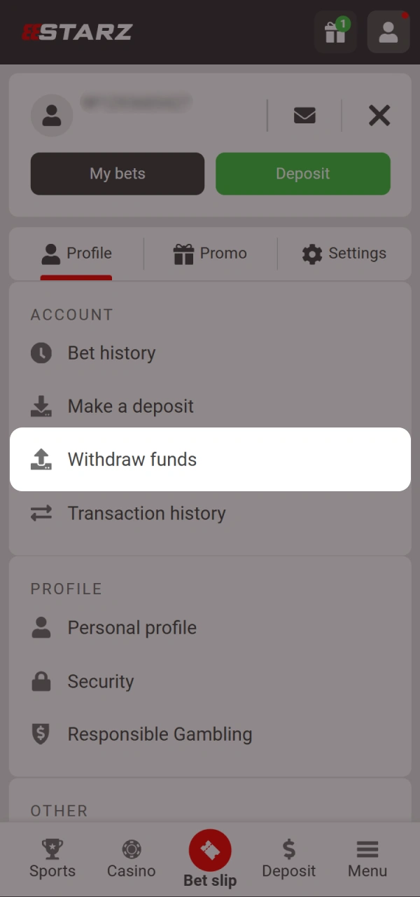 Go to 888starz account menu and find withdraw section.