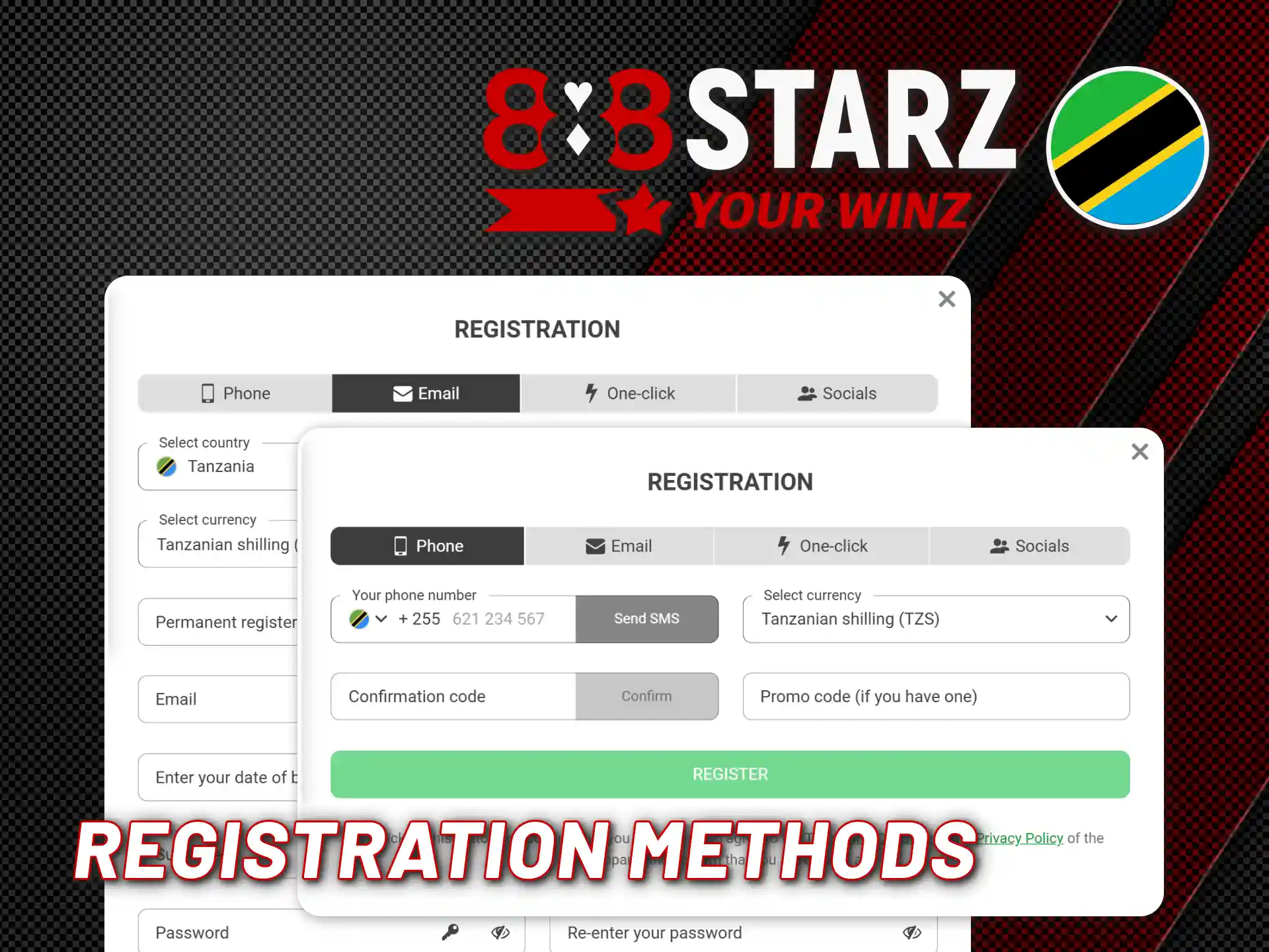 Choose your signup method on 888starz official website in Tanzania.