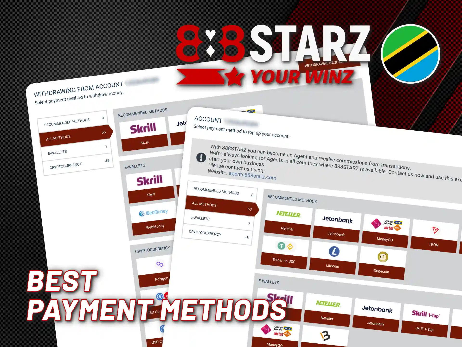Use various online payment methods on 888starz Tanzania official.