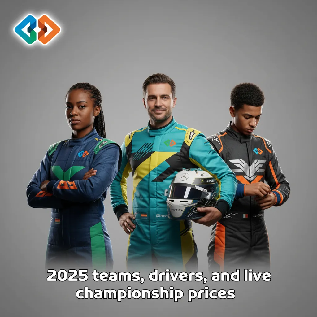 Table of 2025 F1 teams and drivers with live championship odds; several seats TBA (Verstappen, Leclerc, Hamilton).
