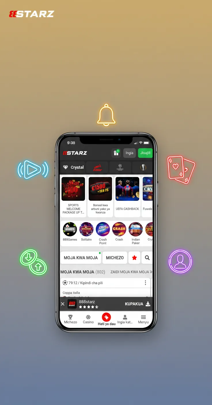 888starz app showcasing live betting, slots, cashout, fast odds, TZS deposits/withdrawals, and push alerts for one-hand use