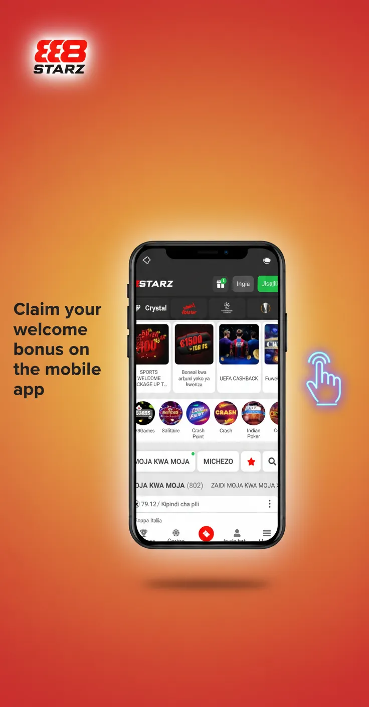 Smartphone showing app screens with steps to claim welcome bonus: download, sign in, choose bonus, deposit, track wagering.