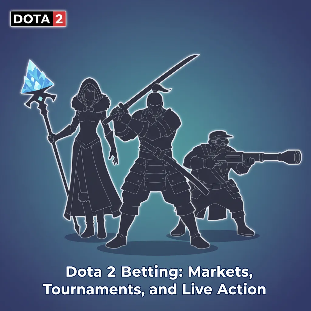 Dota 2 betting banner with markets like match winner, first Roshan, handicaps; live odds for The International and ESL One.