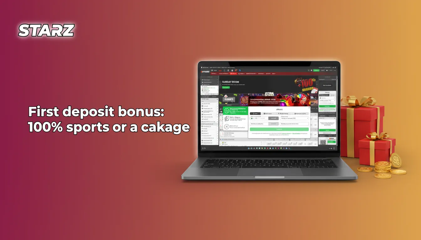 Promo banner: 100% first deposit bonus—sports up to 300,000 TZS or casino up to 4,140,000 TZS + 150 free spins.