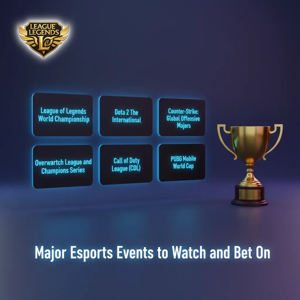 Infographic of major esports events to watch and bet on at 888starz: Dota 2, CS2, LoL, Valorant, SC2, MLBB, R6.