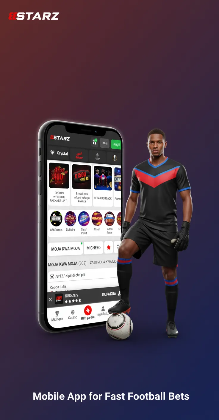 Smartphone showing 888starz Football betting app with live odds, league filters, My Bets, and goal/red card alerts.