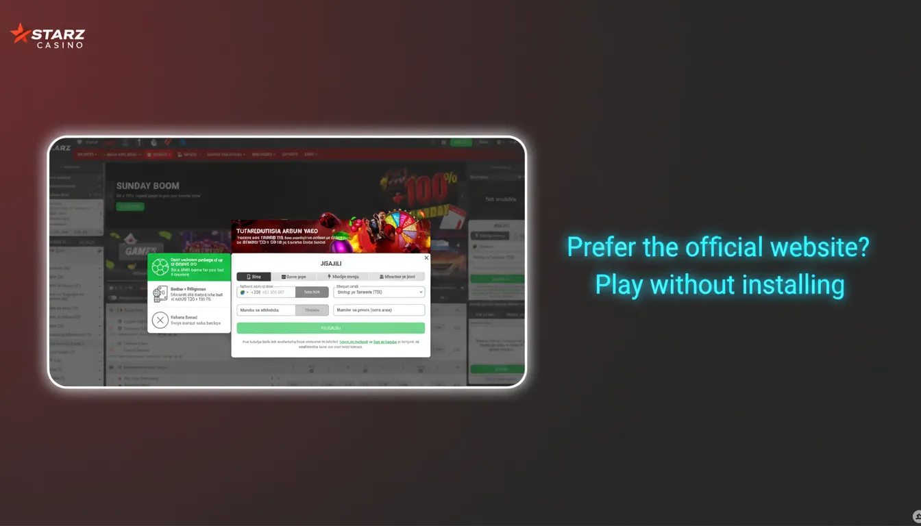 Official betting site in a web browser with 'Play without installing' and options for bets, live tables, and payments.
