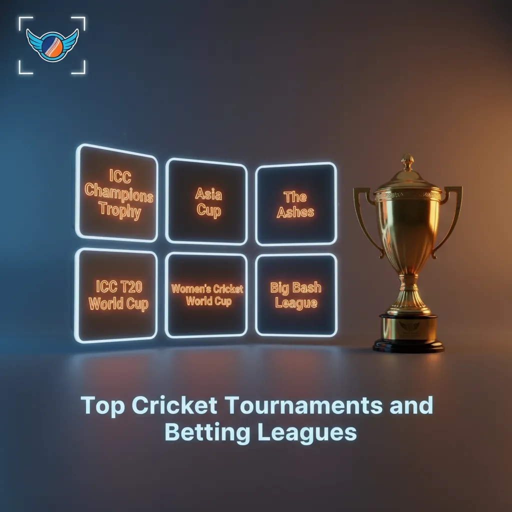 Infographic of top cricket tournaments and betting markets: World Cup, T20, Ashes, WTC, IPL, PSL, BBL, CPL, SA20, Asia Cup.