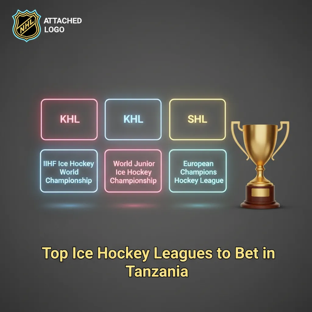 Graphic of top ice hockey leagues to bet in Tanzania, showing NHL, KHL, SHL, Liiga, CHL, IIHF, AHL logos and odds markets.
