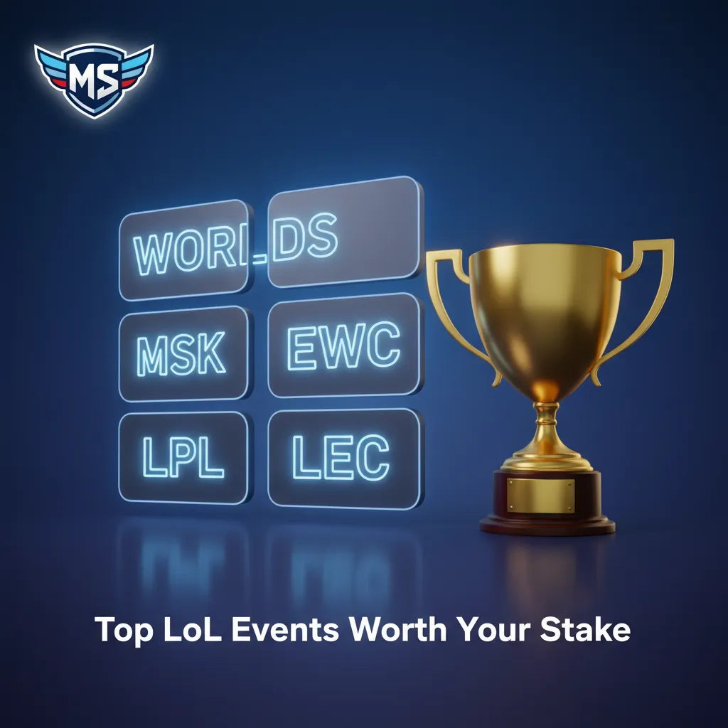 Top LoL events graphic: Worlds, MSI, EWC, LCK, LPL, LEC; year-round action and sharp odds.