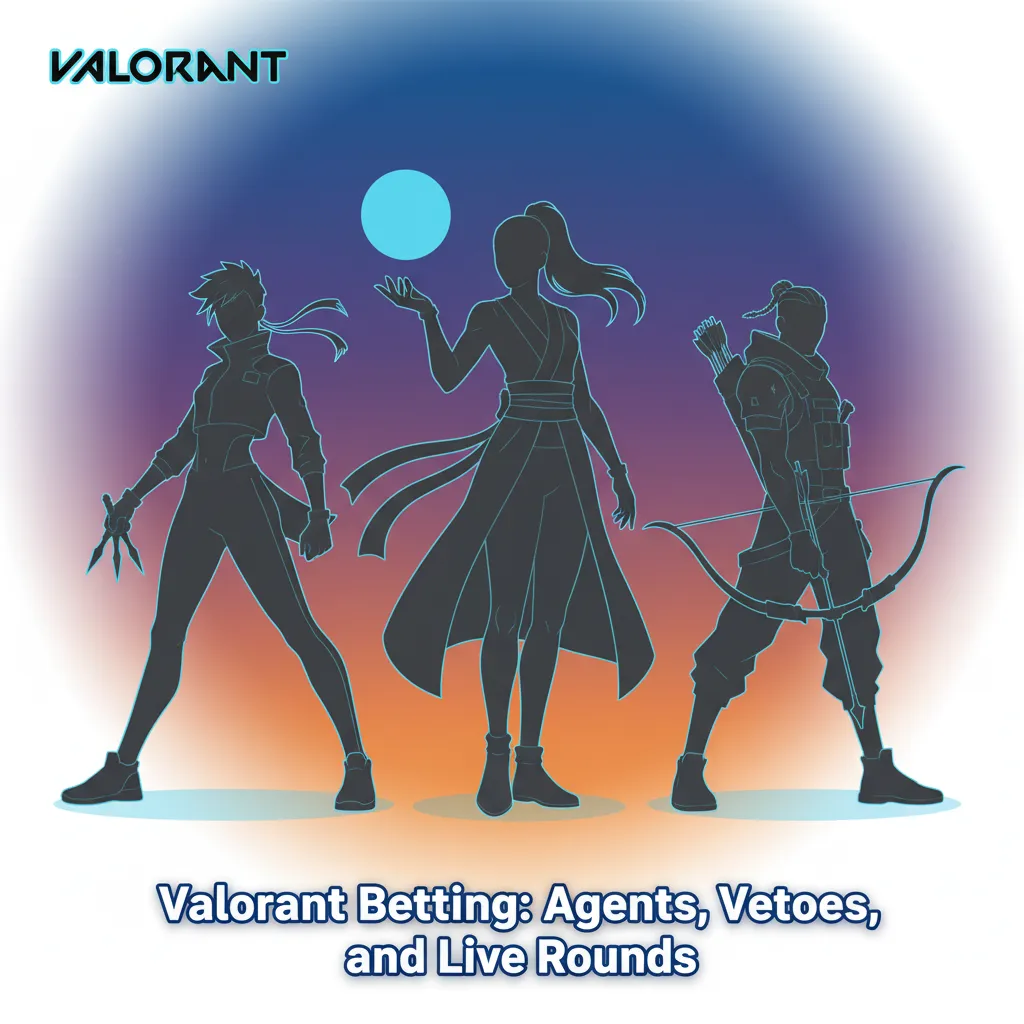 Valorant betting graphic showing agents, map vetoes, and live rounds across VCT events and markets.