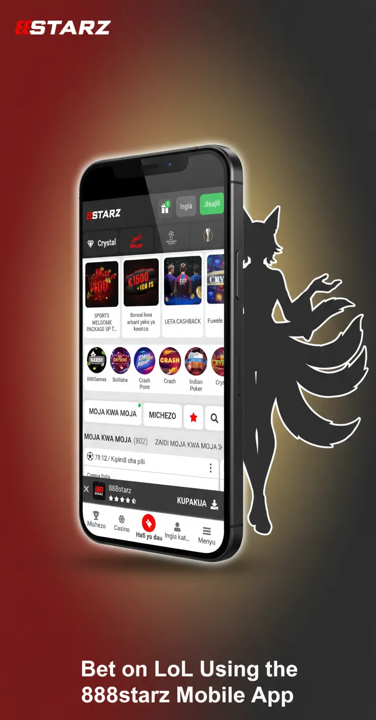 Phone showing 888starz LoL betting app with live odds; TZS deposits via M-Pesa, Airtel Money, Tigo Pesa.