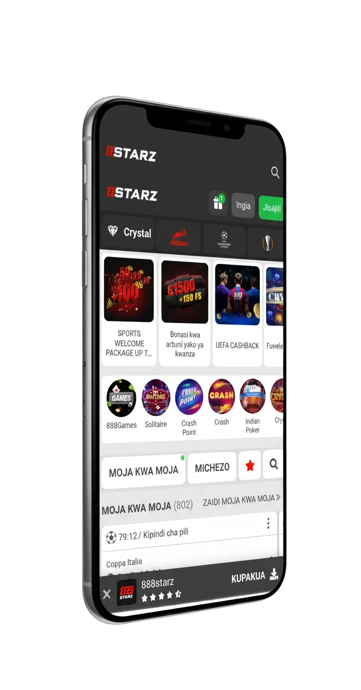 iPhone showing 888starz app in Tanzania: sports betting and casino, TZS bets, 100% welcome bonus, Download for iOS, 18+.