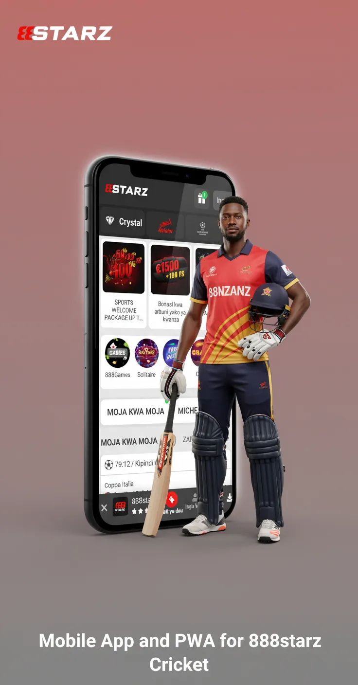 888starz Cricket mobile app and PWA with live odds, pre-match/live markets, Cash Out, and Quick Bet on Android and iOS.