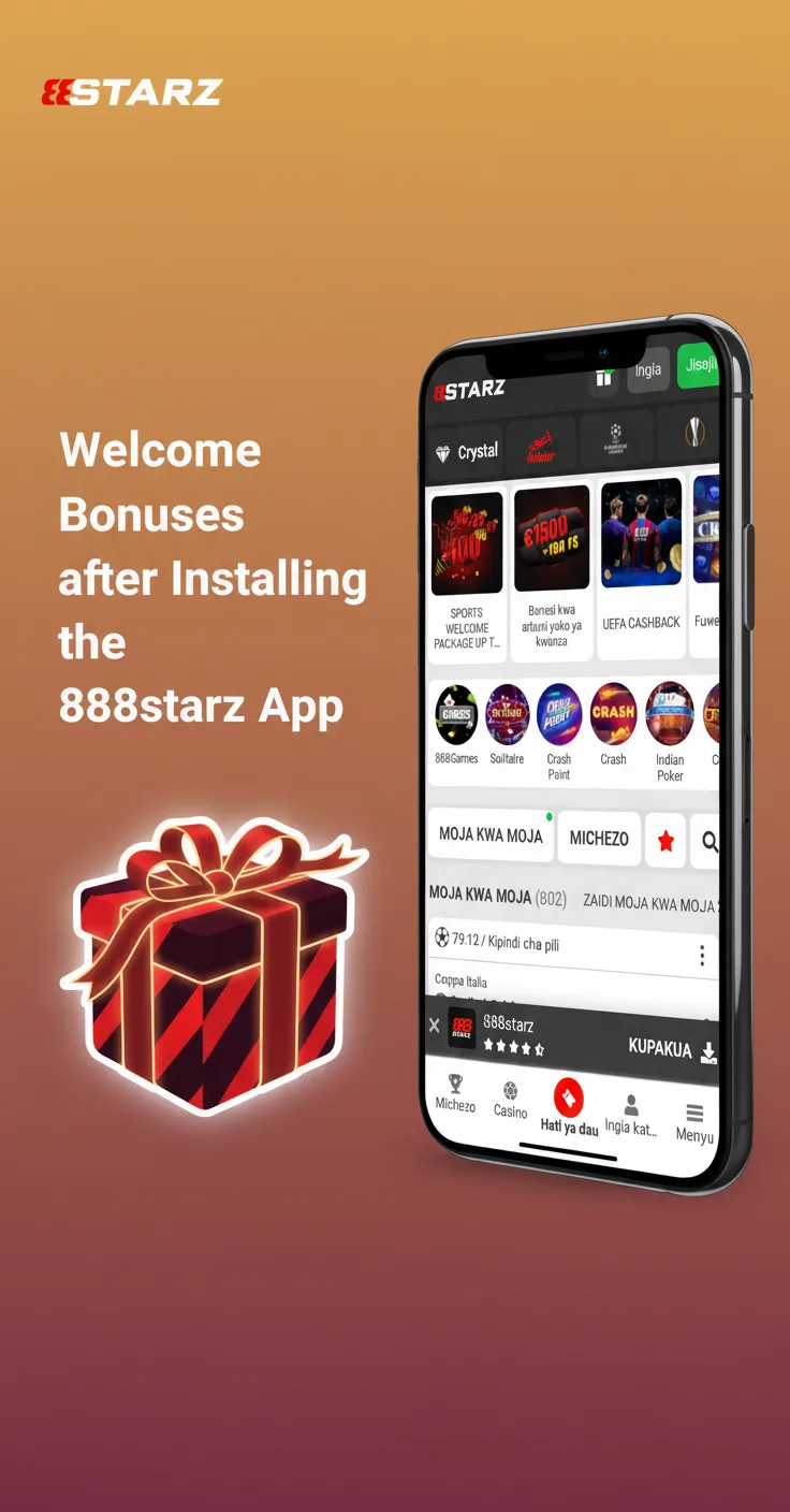 Welcome bonuses after installing 888starz app: Sports 100% up to 300,000 TZS; Casino up to 4,140,000 TZS + 150 free spins.