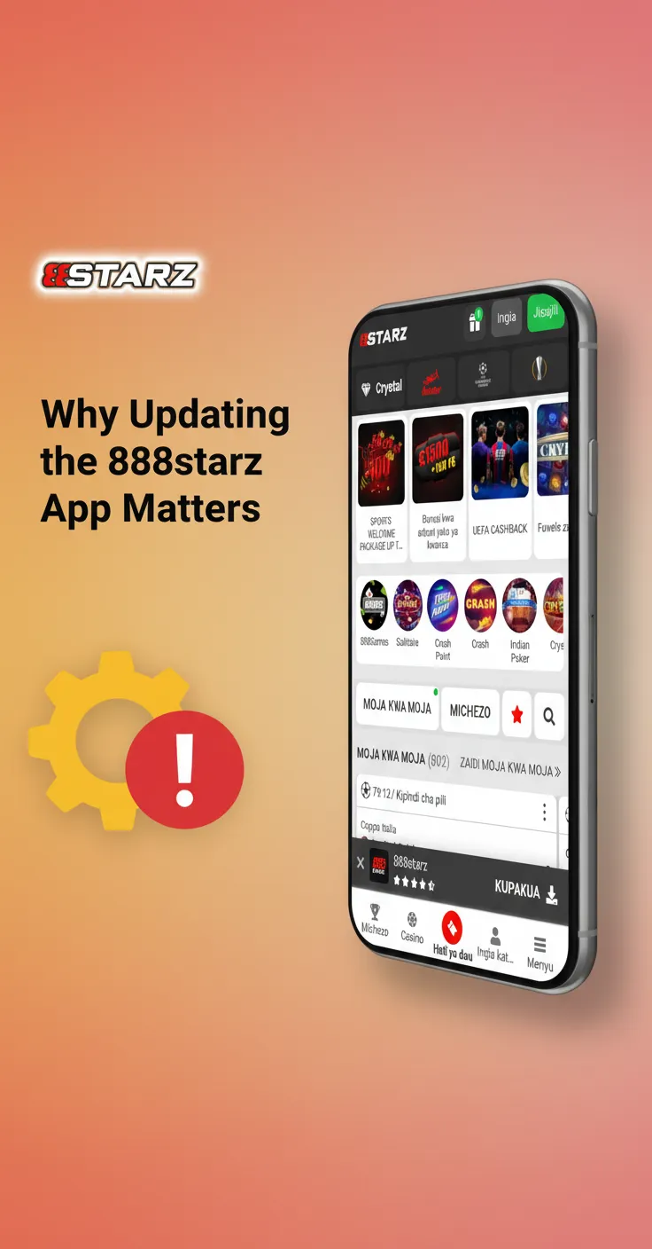 Phone with 888starz app update screen, emphasizing faster odds, security patches, and fewer crashes during live betting.